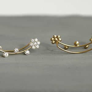 Flower ear climbers. JUST 1 EAR HOLE needed. Gold over sterling silver and cz flowers. Waterproof leightweight earrings. image 6