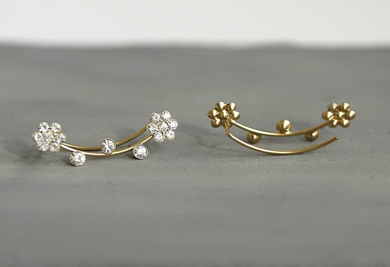 Flower ear climbers. JUST 1 EAR HOLE needed. Gold over sterling silver and cz flowers. Waterproof leightweight earrings. image 6