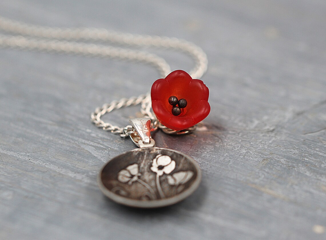 Sterling poppies necklace. Oxidized silver & red glass. | Etsy