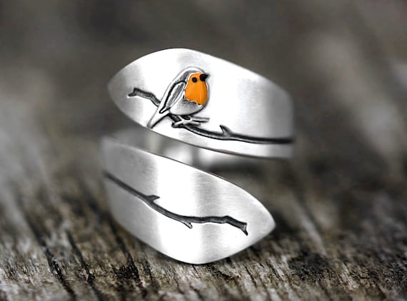 Sterling Silver Bird Perched on Branch Wrap Ring Sterling Silver Bird Perched on Branch Wrap Ring
