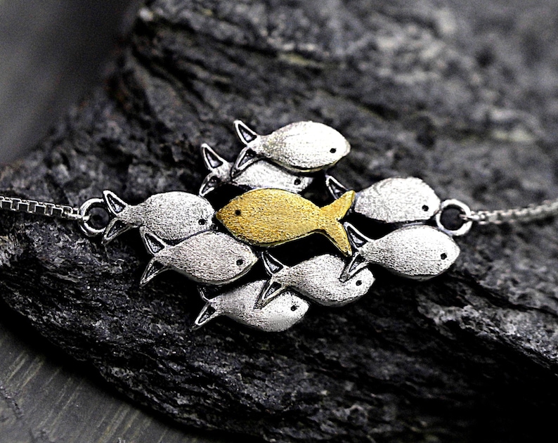 Swimming against the current silver bracelet. School of fish with one golden enameled fish swimming upstream. Gift for her. image 3