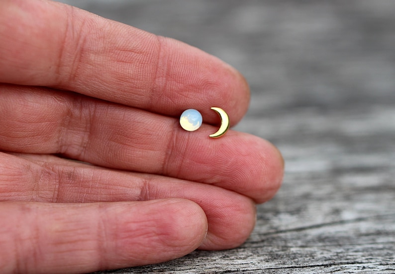 Tiny Gold moon & glass opal stud earrings. Mismatched dainty earrings for her. Sterling gold plated. image 4