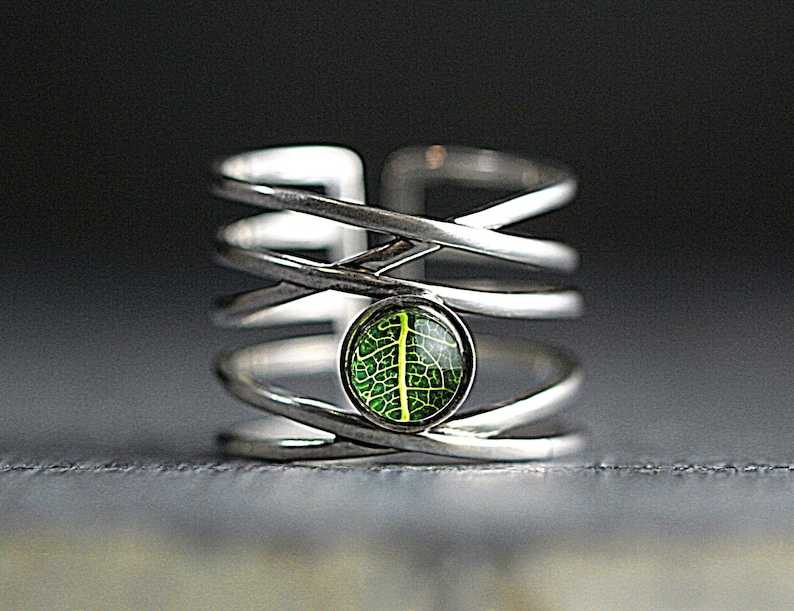 Nature inspired gift for her. Adjustable Sterling Silver ring with real leaf Multiple bands with tiny leaf in resin and glass