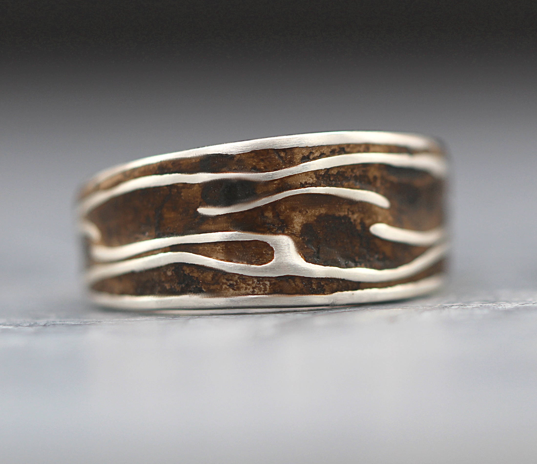Sterling TREE BARK ring. Unisex. Silver with oak like inlays. Etsy