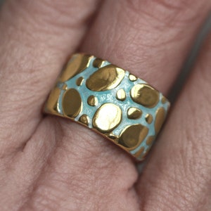 New: RIVERBED. 18K Gold Plated Sterling Silver & Aqua Enamel Ring. Waterproof. Adjustable. image 2