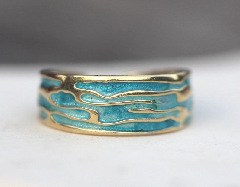 Ocean Ring. 18k gold plated sterling silver. Enamel in shades of turquoise. Unique handmade ring for women. Waterproof. image 1