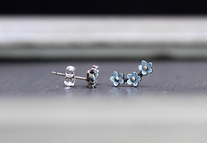 Light blue enameled dainty earrings Sterling Forget me Not stud earrings Bridesmaid earrings. Partly oxidized