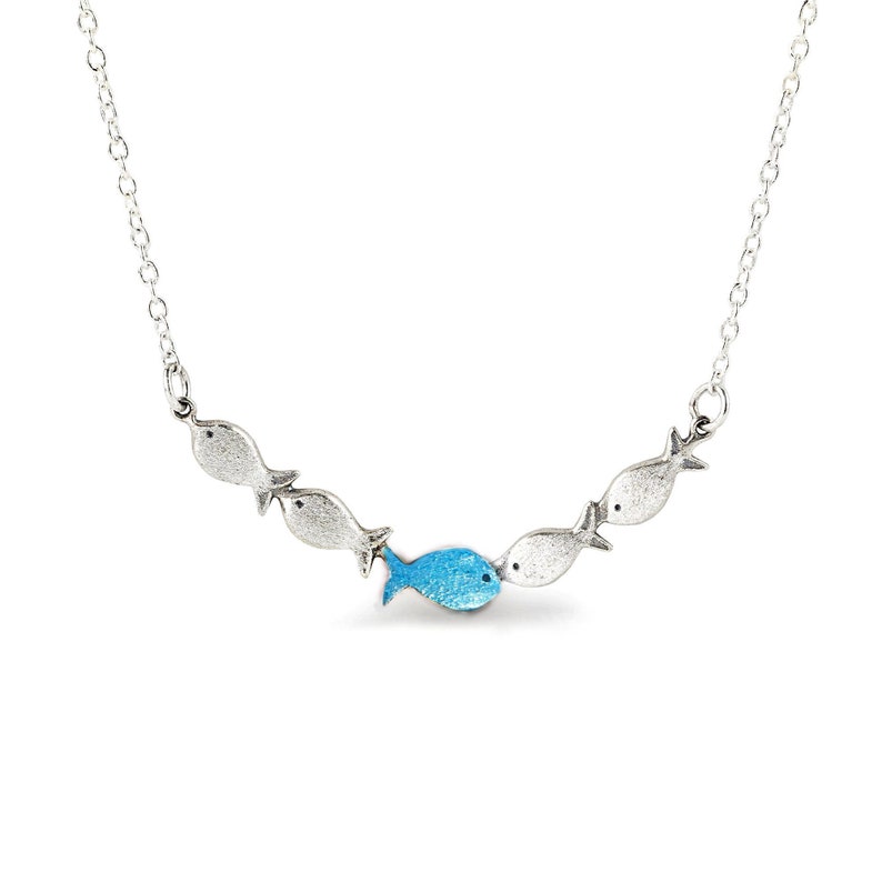 Against the current. Dainty silver necklace. Against the tide with one blue turquoise fish swimming upstream. Womens necklace. image 2