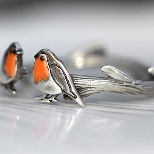 Red Robin open ring. Sterling silver and orange enamel. Unique nature inspired bird ring for her. image 7