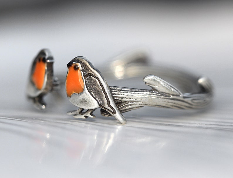 Red Robin open ring. Sterling silver and orange enamel. Unique nature inspired bird ring for her. image 7