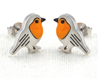 Mini Rotkehlchen Ohrstecker- orangene Emaille und Edelstahl