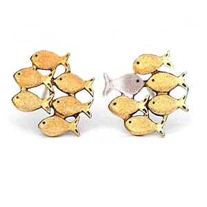 Swimming against the current. Sterling silver vermeil gold stud earrings. Mismatch. School of fish with silver fish swimming upstream.