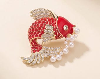 Red Koi Fish Brooch, Enamel Rhinestone Pearl Lucky Carp Pin, Gift for Her