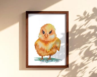 Ilustração em aquarela de um pintinho – Ilustração animal encantadora, decoração para quarto de bebê estilo fazenda