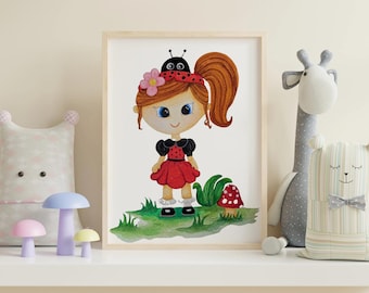 Quadro para meninas - joaninha para vestir - Arte de parede para quarto infantil - presente para meninas