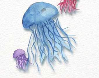 Impressão artística em aquarela de água-viva: decoração costeira com tema da vida marinha (A4, A5)
