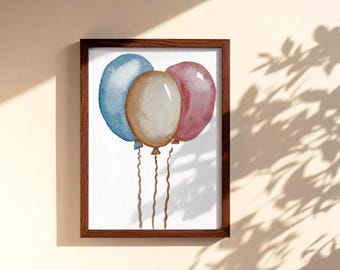 Impressão artística de balões em aquarela • Arte de parede em tons pastel suaves para quarto de bebê • Ilustração delicada de celebração