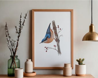 Quadro decorativo de chapim-azul, impressão em aquarela, decoração de pássaros no estilo cottagecore, arte de parede para casa de campo, decoração para lar no campo, presente para amantes de pássaros.