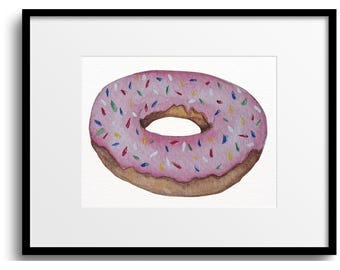 Impressão artística em aquarela de donuts – Decoração de parede para cozinha de padaria em tons pastel