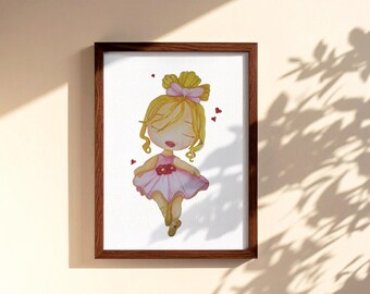 Pôster de bailarina | Decoração fofa para quarto infantil | Pôster para quarto de criança | Presente de aniversário para menina | Ilustração de livro de histórias | Impressão em estilo conto de fadas
