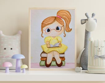 Cantinho da Leitura | Arte de Parede para Quarto Infantil | Menina Lendo Livros | Decoração para Quarto de Criança Leitora | Presente para Amante de Livros