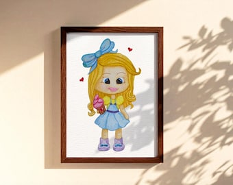 Quadro para meninas - Menina segurando um cupcake - Decoração de parede para quarto infantil - presente para meninas
