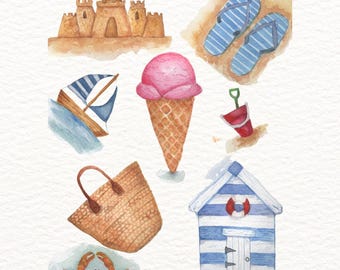 Impressão em aquarela de praia, arte de parede costeira, ilustração litorânea, presente decorativo com tema de oceano tranquilo