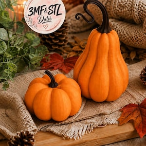 May include: Two orange pumpkins with dark brown stems. The taller pumpkin has a curved, elongated stem, while the smaller one is round and squat. A circular logo in the upper left corner displays the text 3MF & STL Datei with a small heart icon.