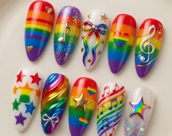 Pride Press On Nails, Rainbow Music Nails, 3D Gel Chrome Press Ons, Hand Painted LGBTQ Festival Statement Nail Set