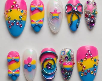 Pansexual Pride Press On Nails, 3D Bow Nail Art, Festival Glam Nails, Cute Kawaii Fake Nails, Rhinestone Nails, Pride Month Gift