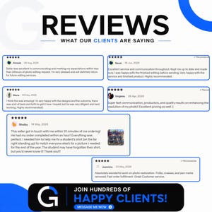 K&ouml;nnte beinhalten: Eine grafische Darstellung mit dem Titel REVIEWS WHAT OUR CLIENTS ARE SAYING, die sechs Kundenbewertungen mit F&uuml;nf-Sterne-Bewertungen enth&auml;lt. Der untere Bereich enth&auml;lt ein schwarzes Banner mit dem Text JOIN HUNDREDS OF HAPPY CLIENTS! und MESSAGE ME NOW.
