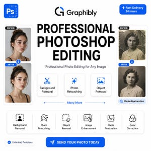 May include: A professional Photoshop editing service advertisement featuring before and after examples of portrait retouching and photo restoration. The text includes Graphibly, Professional Photoshop Editing, and lists services like background removal, photo retouching, and object removal.
