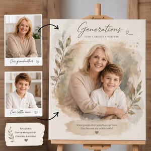 May include: A custom canvas print featuring a watercolor-style portrait of a woman and a young boy. The text reads Generations, Love, Legacy, Forever, and Some people don't just shape our lives, they become our whole world, with leaf accents.