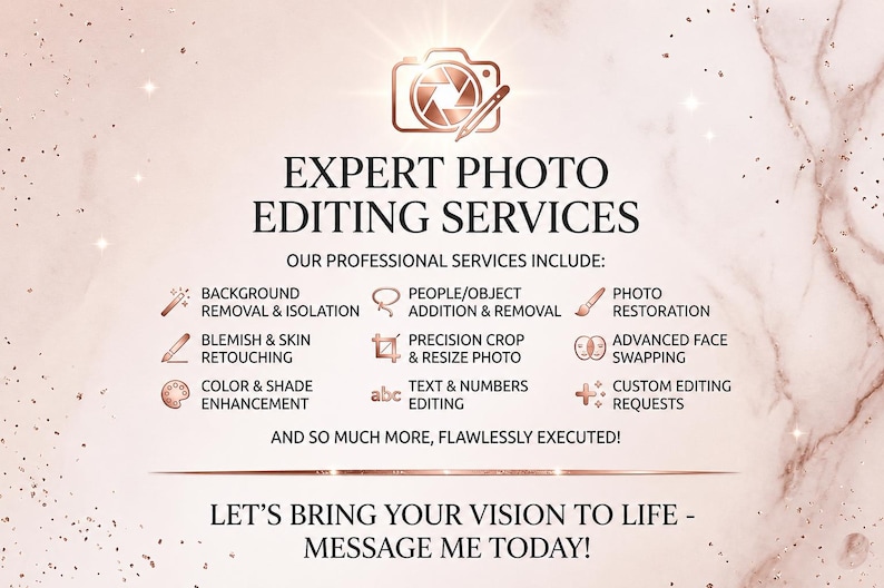 K&ouml;nnte beinhalten: Eine ros&eacute;goldene und wei&szlig;e Grafikwerbung f&uuml;r professionelle Fotobearbeitungsdienste. Der Text listet Dienstleistungen wie Hintergrundentfernung, Objekt-Hinzuf&uuml;gung, Fotorestaurierung, Retusche, Zuschnitt und individuelle Bearbeitungsanfragen auf.