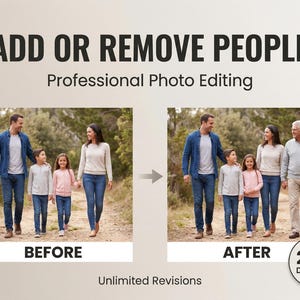 Puede incluir: Imagen que muestra servicios de edición de fotos, con el texto "ADD OR REMOVE PEOPLE" y "Professional Photo Editing." Muestra una comparación "ANTES" y "DESPUÉS" de una foto familiar, destacando las capacidades del servicio. Incluye "Unlimited Revisions" y "24H Delivery."