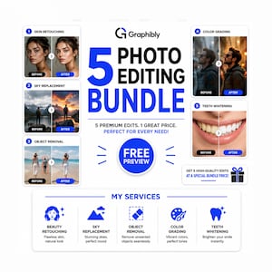 May include: A white promotional graphic for a 5 Photo Editing Bundle by Graphibly. It displays five before-and-after examples including skin retouching, sky replacement, object removal, color grading, and teeth whitening, with service icons below.