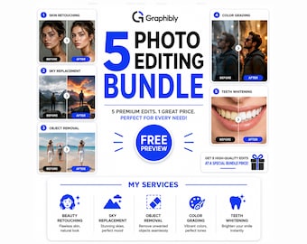 5-teiliges Fotobearbeitungspaket | Professionelle Photoshop-Retusche, individuelle Fotobearbeitung, Porträtretusche, Hintergrund- und Bildoptimierung
