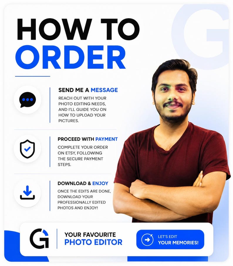 K&ouml;nnte beinhalten: Eine Anleitungsgrafik mit dem Titel HOW TO ORDER mit drei Schritten: SEND ME A MESSAGE, PROCEED WITH PAYMENT und DOWNLOAD & ENJOY. Sie enth&auml;lt Symbole f&uuml;r eine Sprechblase, ein Schild und einen Download-Pfeil sowie den Text YOUR FAVOURITE PHOTO EDITOR.