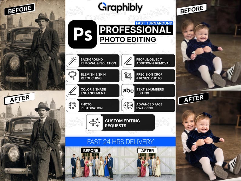K&ouml;nnte beinhalten: Eine Werbeanzeige f&uuml;r professionelle Fotobearbeitung mit dem Graphibly-Logo und Ps-Symbol. Sie zeigt Vorher-Nachher-Beispiele von Oldtimer-Fotos, Kinderportr&auml;ts und Gruppenbildern sowie eine Liste von Dienstleistungen wie Hintergrundentfernung, Retusche und Restaurierung.