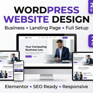 May include: A digital mockup showcasing a website design service. The image displays a computer monitor, tablet, and smartphone, each displaying a website interface. Text includes "WordPress Website Design," "Business," "Landing Page," and "Full Setup."