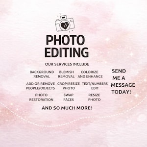 Puede incluir: Un gráfico rosa y blanco que promociona servicios de edición de fotos. El texto incluye "Edición de fotos" y enumera servicios como eliminación de fondo, eliminación de imperfecciones y restauración de fotos. La imagen también incluye un icono de cámara.