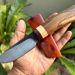 Handmade Forged 4" Japanese Aikuchi Tanto Hunting Knife, German Antirust Steel, Rosewood Handle & Scabbard