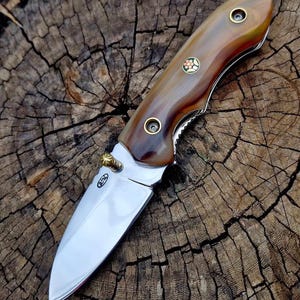Handmade Folding Pocket Hunting Knife, 3" N695 Austrai Steel, Cow Horn Handle, Brass Knob