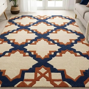 Moroccan Geometric Area Rug, Boho Tribal Carpet, Navy Rust Cream Southwestern Decor