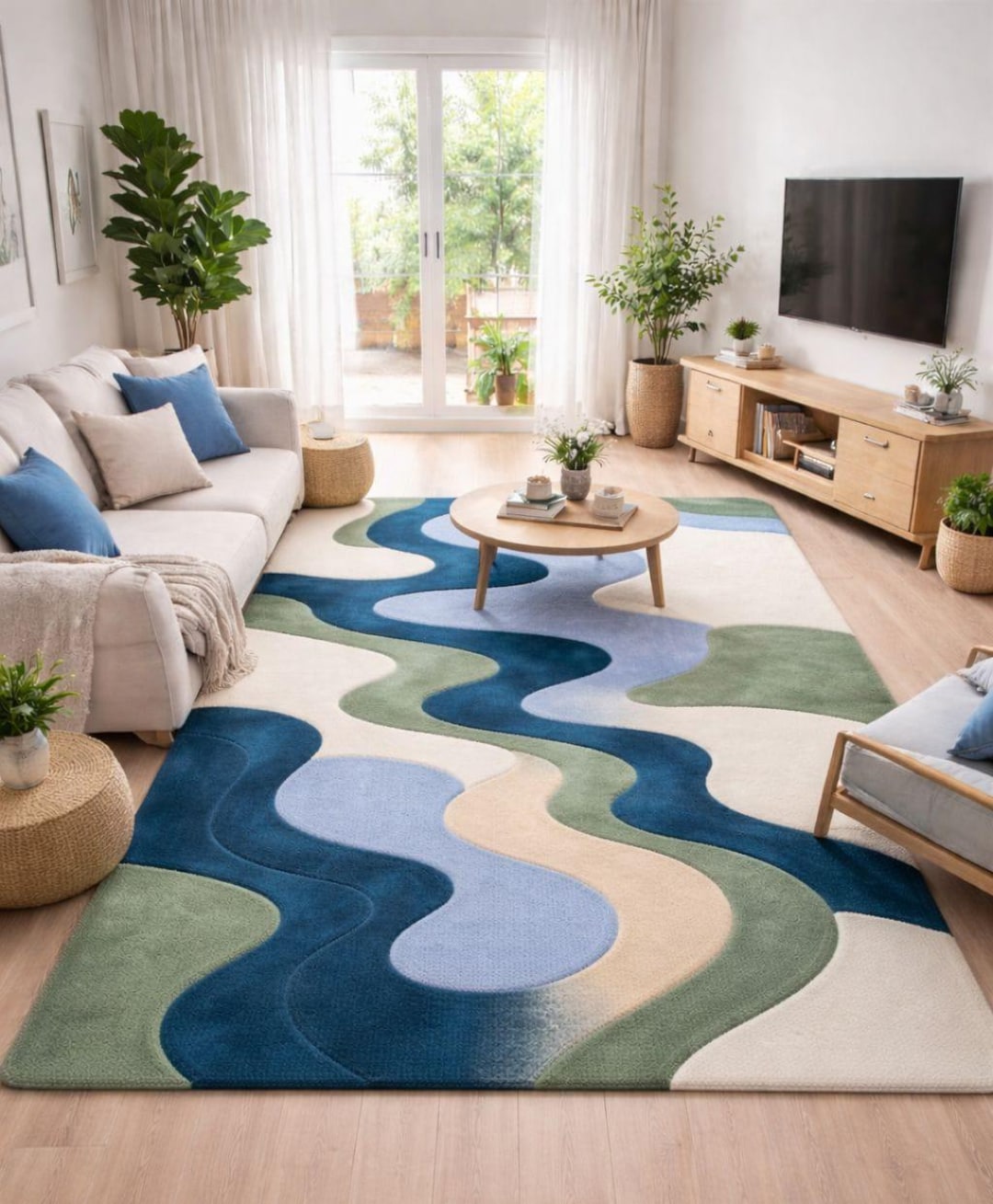 Abstract Wavy Tufted Rug | Blue, Green, and Cream Area Carpet - Etsy