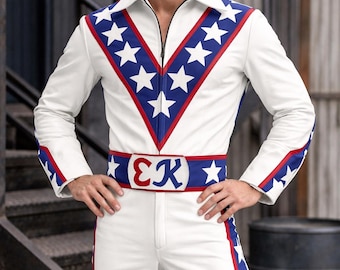 Ręcznie robiony skórzany kombinezon inspirowany Evelem Knievelem, kostium motocyklowy do cosplayu