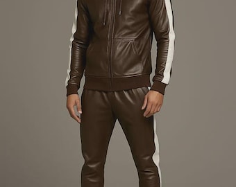 Herren Brauner Leder Trainingsanzug, Brayden Sweatsuit, Jogging Outfit