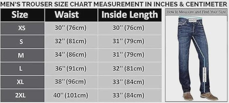 K&ouml;nnte beinhalten: Eine Gr&ouml;&szlig;entabelle f&uuml;r Hosen mit Ma&szlig;en in Zoll und Zentimetern. Die Tabelle enth&auml;lt Bund- und Innenbeinl&auml;ngen f&uuml;r die Gr&ouml;&szlig;en XS bis 2XL. Eine Abbildung zeigt, wie man Bund und Innenbein misst. F&uuml;r Herrenhosen.