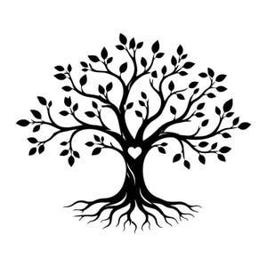 Peut inclure: Une silhouette graphique noire d'un arbre avec des branches étendues, de nombreuses feuilles et des racines visibles. Le centre du tronc d'arbre présente une petite découpe blanche en forme de cœur, créant un contraste avec le design noir.