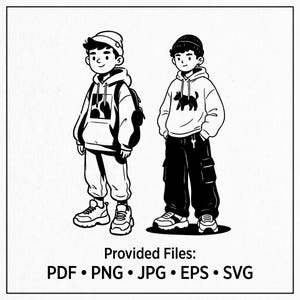 May include: A black and white line art illustration of two figures wearing hoodies, beanies, and trainers. One figure wears a backpack and a patterned hoodie, while the other wears a hoodie with a dog graphic. Text below reads: Provided Files: PDF • PNG • JPG • EPS • SVG